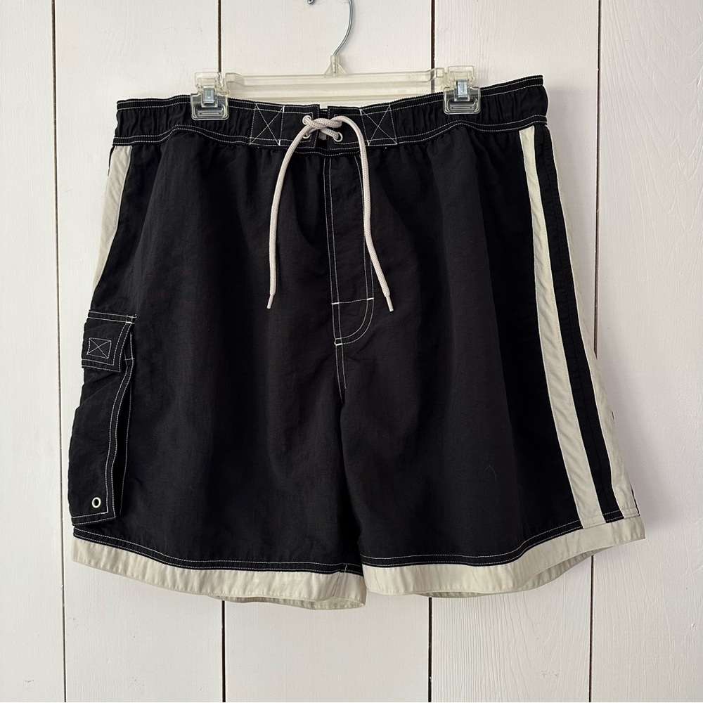 Vintage Morro Bay Cargo Swimming Trunks Board Shorts XL Black Cream Stripe